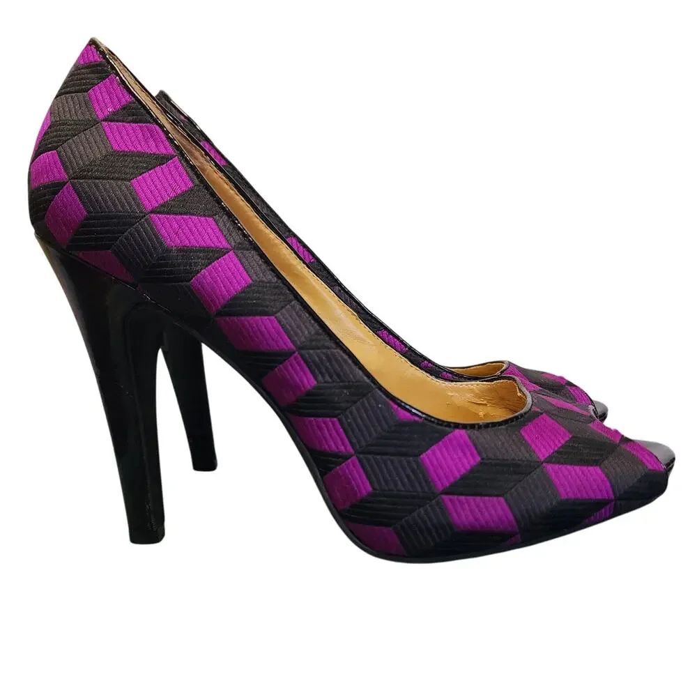 Nine West Women's Shoes, Purple & Black Fabric Peep Toe High Heel Pumps, Sz 8M